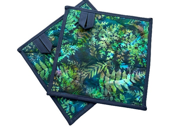 Quilted Pot Holders with Botanical Green Blue Batik Fabric, with Hanging Tab Option