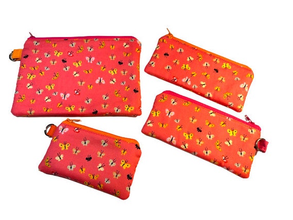 Padded Zipper Pouch or Glasses Case with Butterfly Print Cotton Fabric Coasters, with D Ring Option