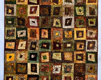 Vibrant Earth Tone Batik Fabrics Patchwork Lap Quilt, Hand Dyed Abstract Blanket