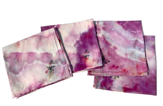 Hand Dyed Cotton Vintage Napkins, Set of Four, with Flower Embroidery