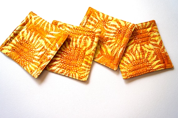 Quilted Fabric Coasters with Sunflower Pattern Batik, Absorbent Cloth Drink Ware, Set of Four