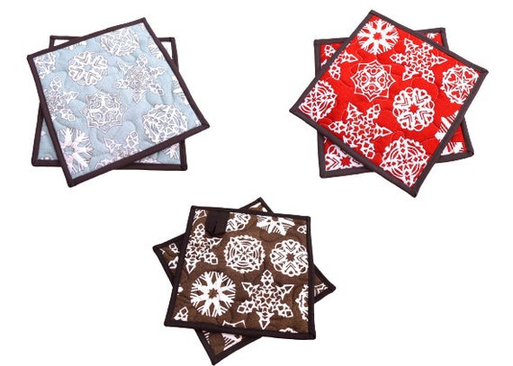 Snowflake Print Quilted Fabric Pot Holders in Red, Blue or Grey, with Hanging Tab Option