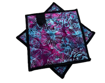 Quilted Batik Fabric Pot Holders with Purple Blue and Pink Floral Pattern, with Hanging Tab Option