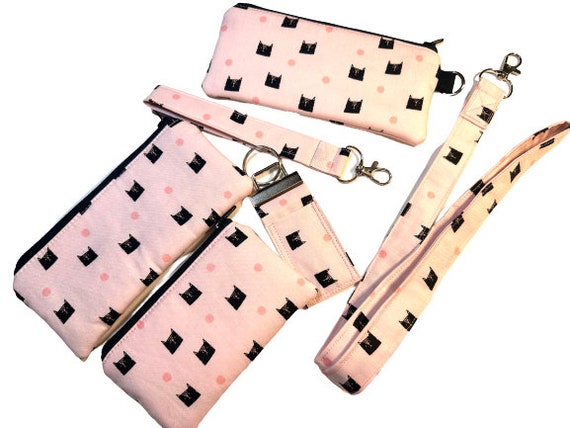 Pink and Black Cat Fabric Accessories, Pouch, Wristlet, Lanyard, Chap Stick Holder Key Chain