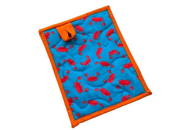 Crab Quilted Cotton Fabric Pot Holders with Hanging Tab Options