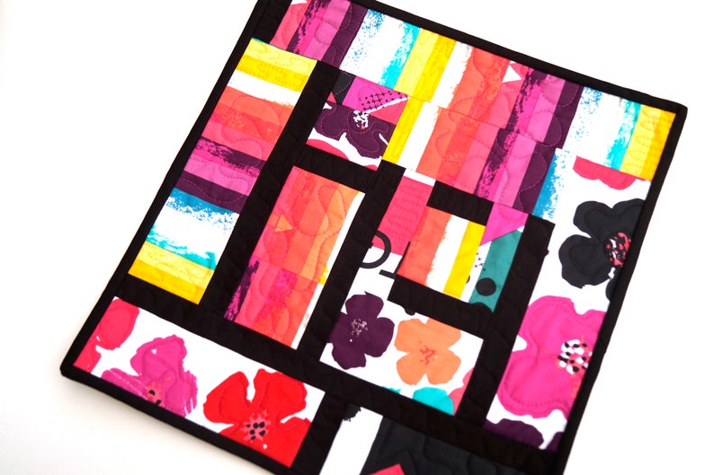 Colorful Fabric Modern Mini Patchwork Quilt or Wall Hanging in Wild