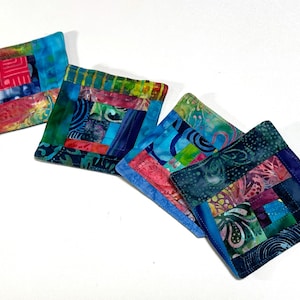 Quilted Batik Fabric Coasters with Colorful Abstract Patchwork, Sets of Four