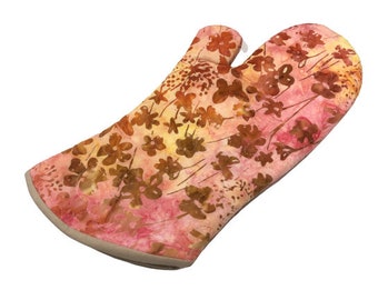 Quilted Batik Fabric Oven Mitt with Pink and Yellow Floral Pattern, with Hanging Tab Option