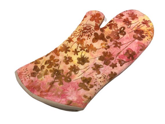 Quilted Batik Fabric Oven Mitt with Pink and Yellow Floral Pattern, with Hanging Tab Option