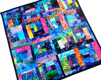 Batik Fabric Mini Quilt with Vibrant, Modern Patchwork for use as a Table Topper or Wall Hanging