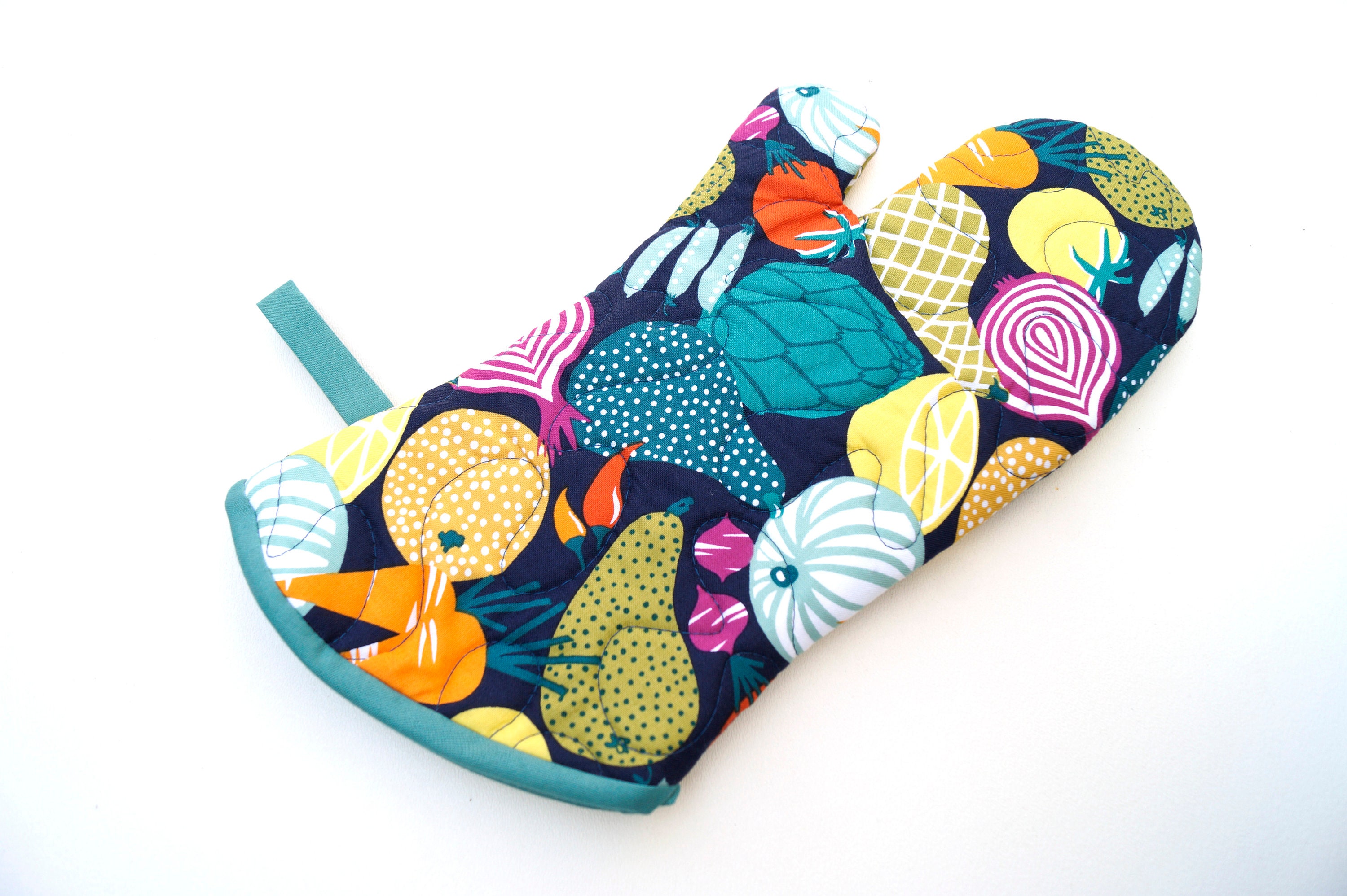 Quilted Fabric Oven Mitt with Colorful, Retro Fruit and Vegetable Pattern