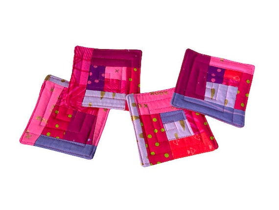 Quilted Coasters in Pink and Purple Fabric Patchwork, Vibrant Modern Cloth Drink Ware, Set of Four