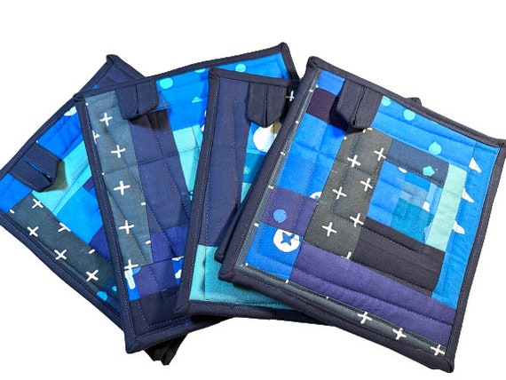 Quilted Fabric Pot Holders with Modern Patchwork in Shades Blue