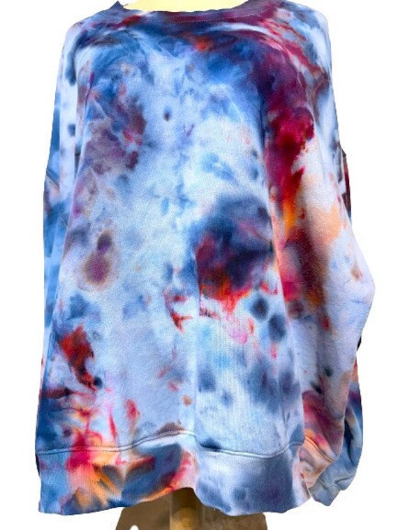 Hand Dyed Crew-Neck Sweatshirt in Red and Blue, Women's 3X, Oversize Fit, Hits at Waist