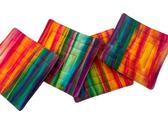Quilted Fabric Coasters in Colorful Batik Fabric, Tropical Cloth Drink Ware, Set of Four