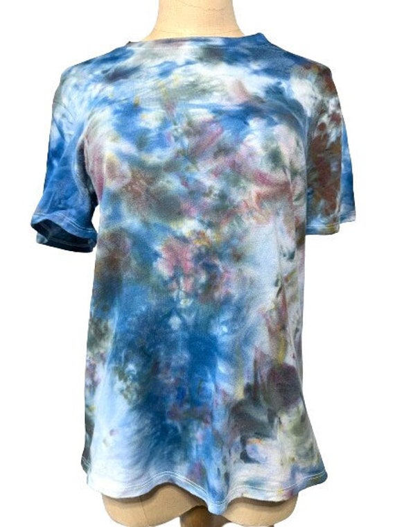 Hand Dyed Size Women's Small T-Shirt with Blue Abstract Print Cotton Modal Fabric