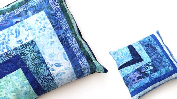 Batik Fabric Quilted Throw Pillow Cover with Blue Patchwork for 14 Inch Pillows, COVER ONLY