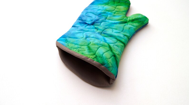 Quilted Batik Fabric Oven Mitt in Shades of Blue and Green Vibrant Jewel Tone Cloth Kitchen Linen