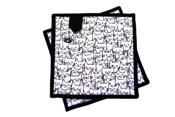 Cat Faces Quilted Fabric Pot Holders, Kitty Cloth Hot Pads, Choice of One or Set of Two