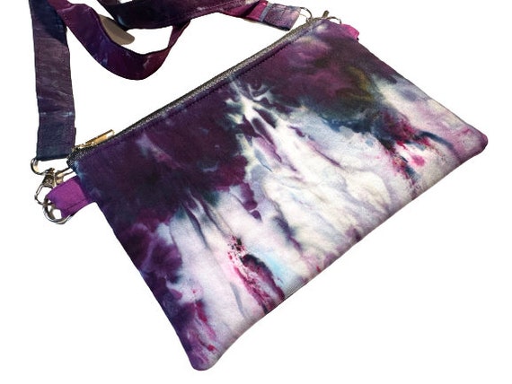 Purple Hand Dyed Fabric Purse, Abstract Cross Body Bag