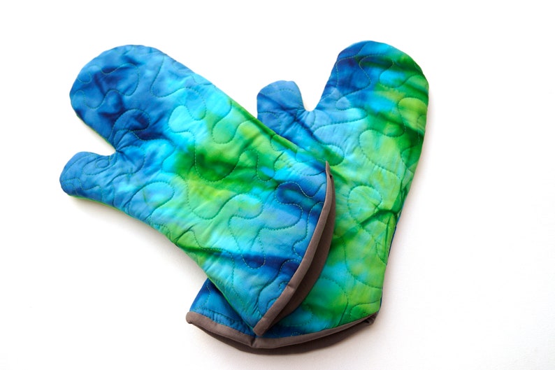 Quilted Batik Fabric Oven Mitt in Shades of Blue and Green Vibrant Jewel Tone Cloth Kitchen Linen