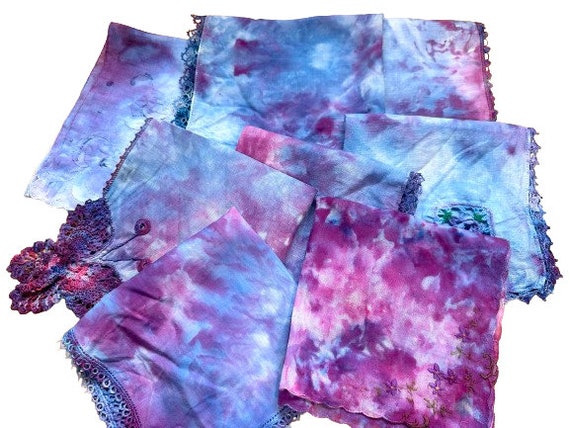 Hand Dyed Pocket Squares, Ice Dyed Handkerchiefs in Pink and Purple