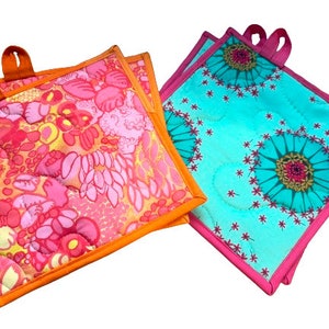 Modern Quilted Floral Cotton Fabric Pot Holders, Sets of Two