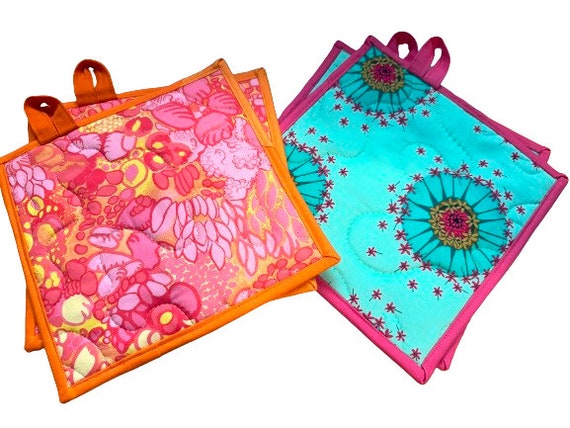 Modern Quilted Floral Cotton Fabric Pot Holders, Sets of Two