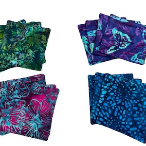 Quilted Coasters with Botanical Hand Dyed Batik Fabric, Set of Four