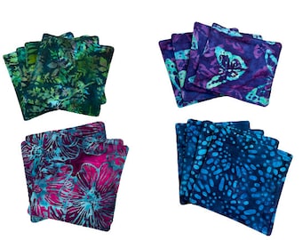Quilted Coasters with Botanical Hand Dyed Batik Fabric, Set of Four