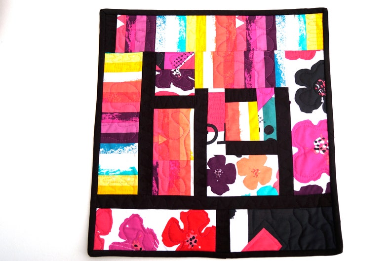 Colorful Fabric Modern Mini Patchwork Quilt or Wall Hanging in Wild