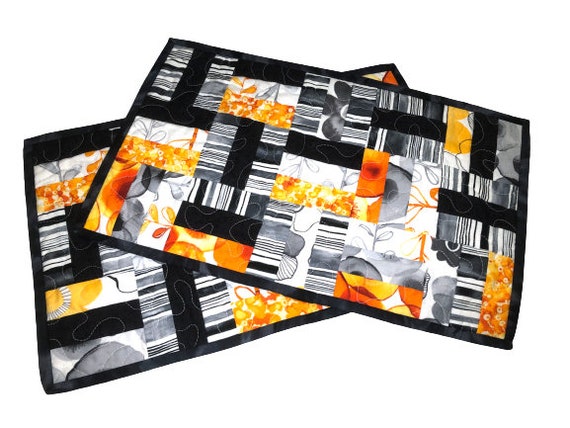 Modern Quilted Placemats with Yellow and Black Patchwork, Set of Two