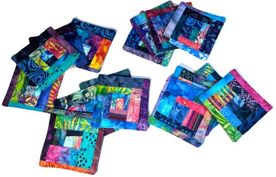 Quilted Batik Fabric Coasters with Colorful Abstract Patchwork, Modern Cloth Drink Ware, Set of Four