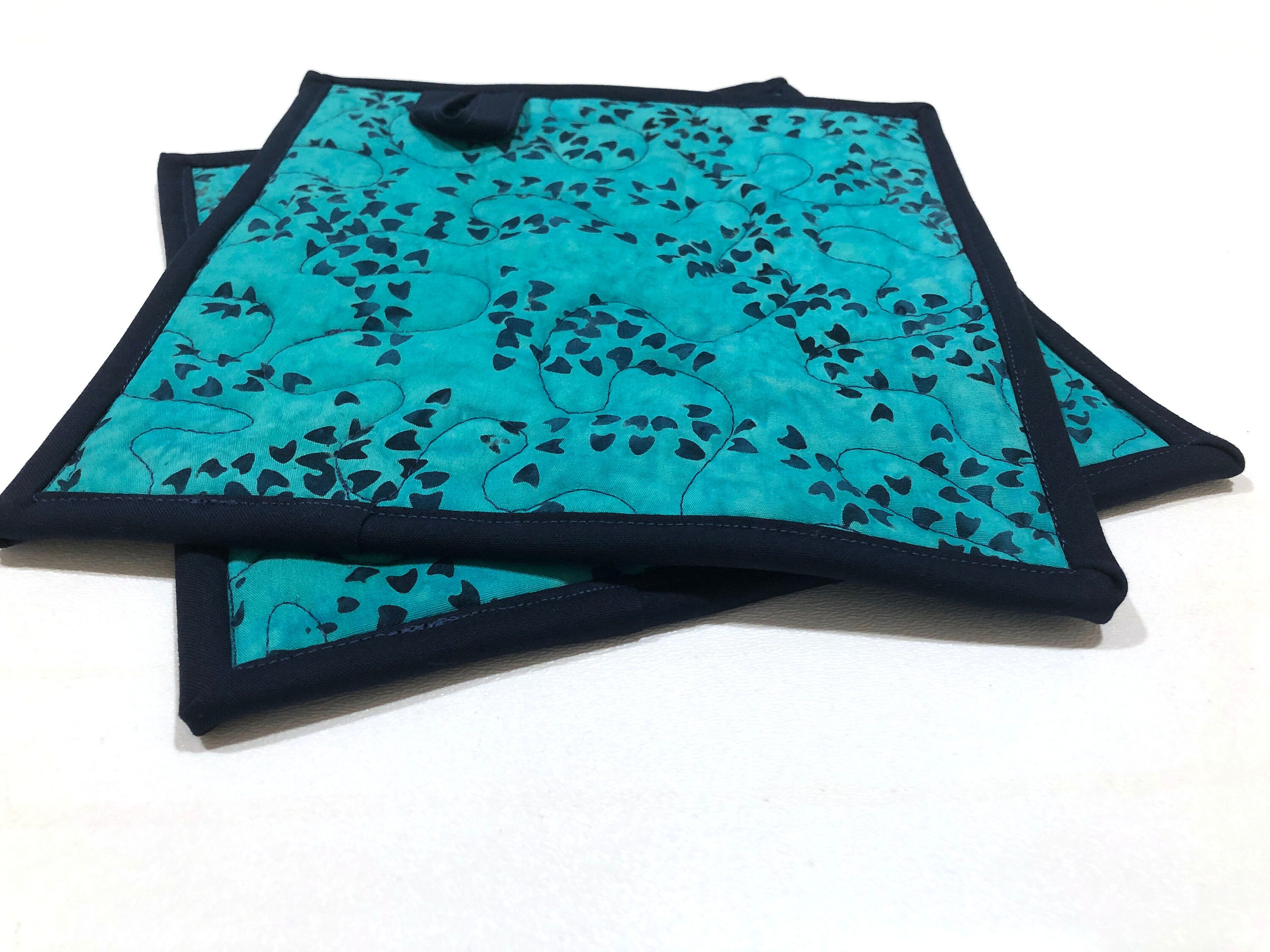 Hand Dyed Quilted Batik Fabric Pot Holders with Eclectic Teal Blue