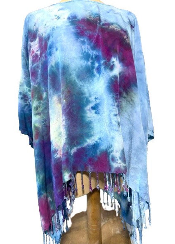 Hand Dyed Poncho with Blue Green and Purple Rayon Fabric, Women's One Size Fits All