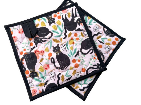 Quilted Fabric Pot Holders Spooky Black Cats, with Hanging Tab Option