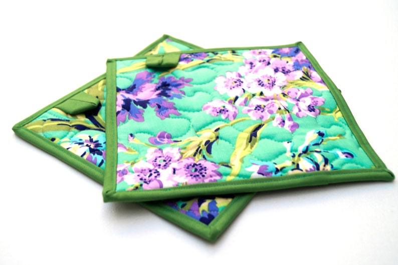 Set of Two Floral Pot Holders in Purple and Teal Quilted Fabric