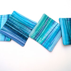 Quilted Batik Fabric Coasters in Shades of Blue, Hand Dyed Cloth Drink Ware, Set of Four