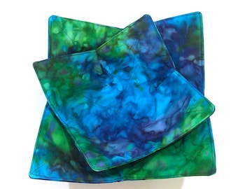 Microwave Bowl Cozy with Blue Green Marbled Hand Dyed Batik Fabric, Large or Regular Size
