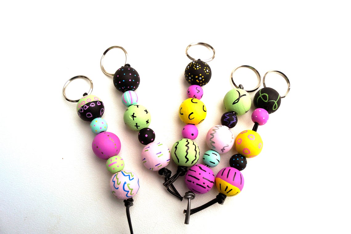 Key Chain with Colorful Painted Wood Beads Eclectic Etsy