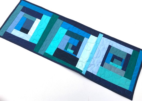 Quilted Fabric Table Runner with Modern Blue and Green Patchwork