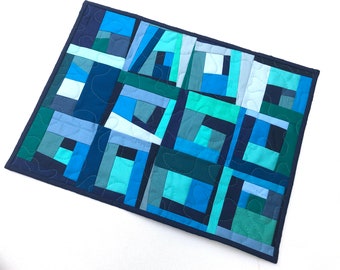 Quilted Fabric Place Mat, Wall Hanging or Table Topper in Shades of Blue and Green Abstract Patchwork