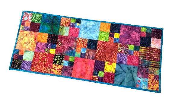 Colorful Quilted Table Runner in Tropical Batik Fabric Patchwork