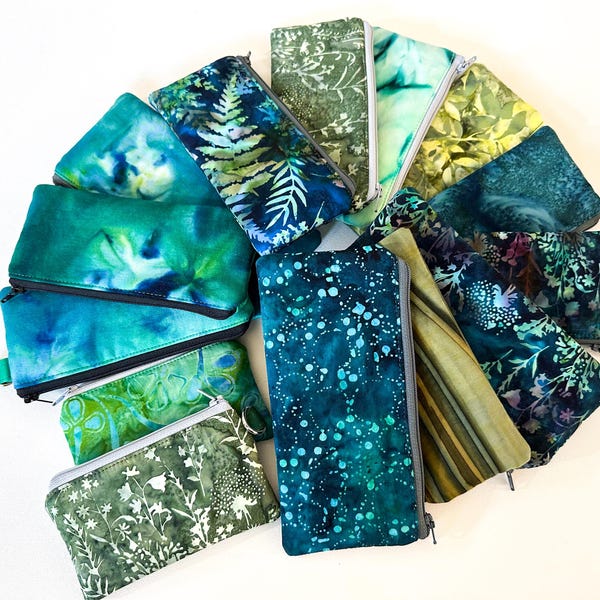 Green Hand Dyed Fabric Zipper Pouches with Size and D Ring Options