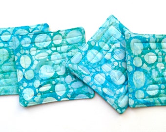 Quilted Batik Fabric Coasters with Blue Circle Pattern, Hand Dyed Cloth Drink Ware, Set of Four