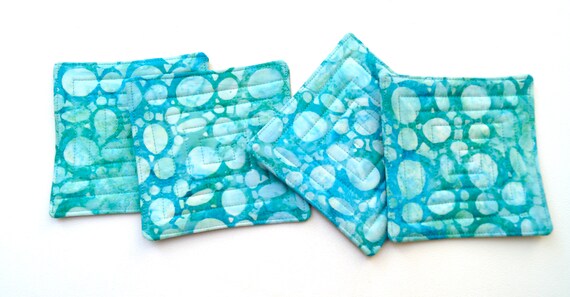 Quilted Batik Fabric Coasters with Blue Circle Pattern, Hand Dyed Cloth Drink Ware, Set of Four