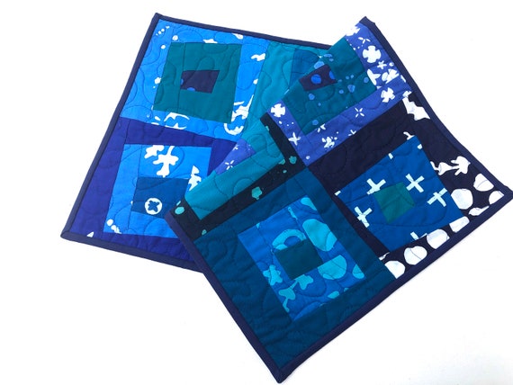 Modern Batik Quilted Fabric Patchwork Table Runner, Shades of Blue Cloth Wall Hanging