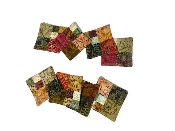 Quilted Batik Fabric Coasters in Earth Tones, Earth Tone Cloth Drink Ware, Set of Four