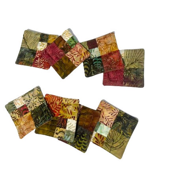 Quilted Batik Fabric Coasters in Earth Tones, Earth Tone Cloth Drink Ware, Set of Four