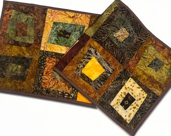 Quilted Table Runner with Fall Color Batik Fabric Patchwork
